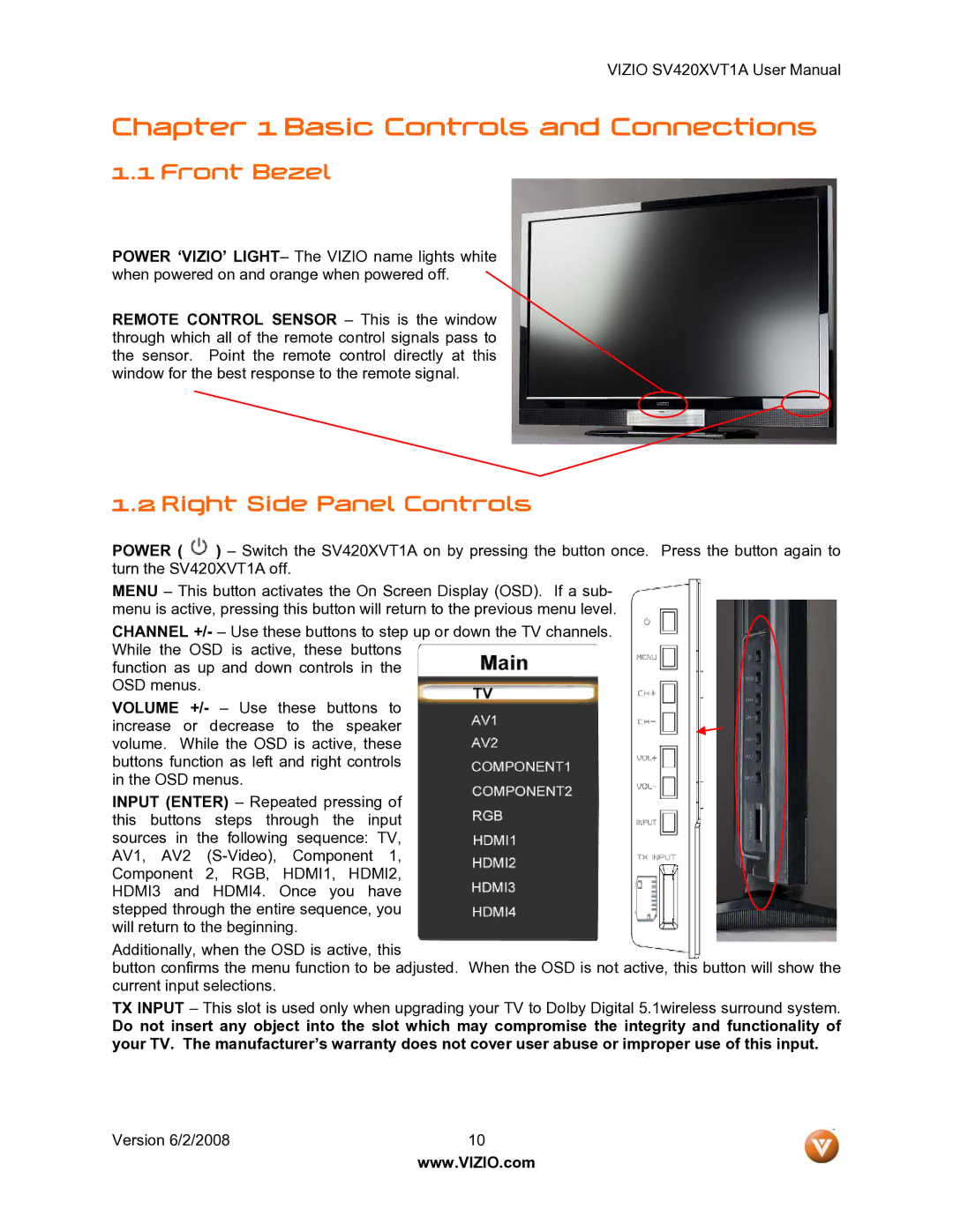 Vizio SV420XVT1A manual Front Bezel, Right Side Panel Controls 