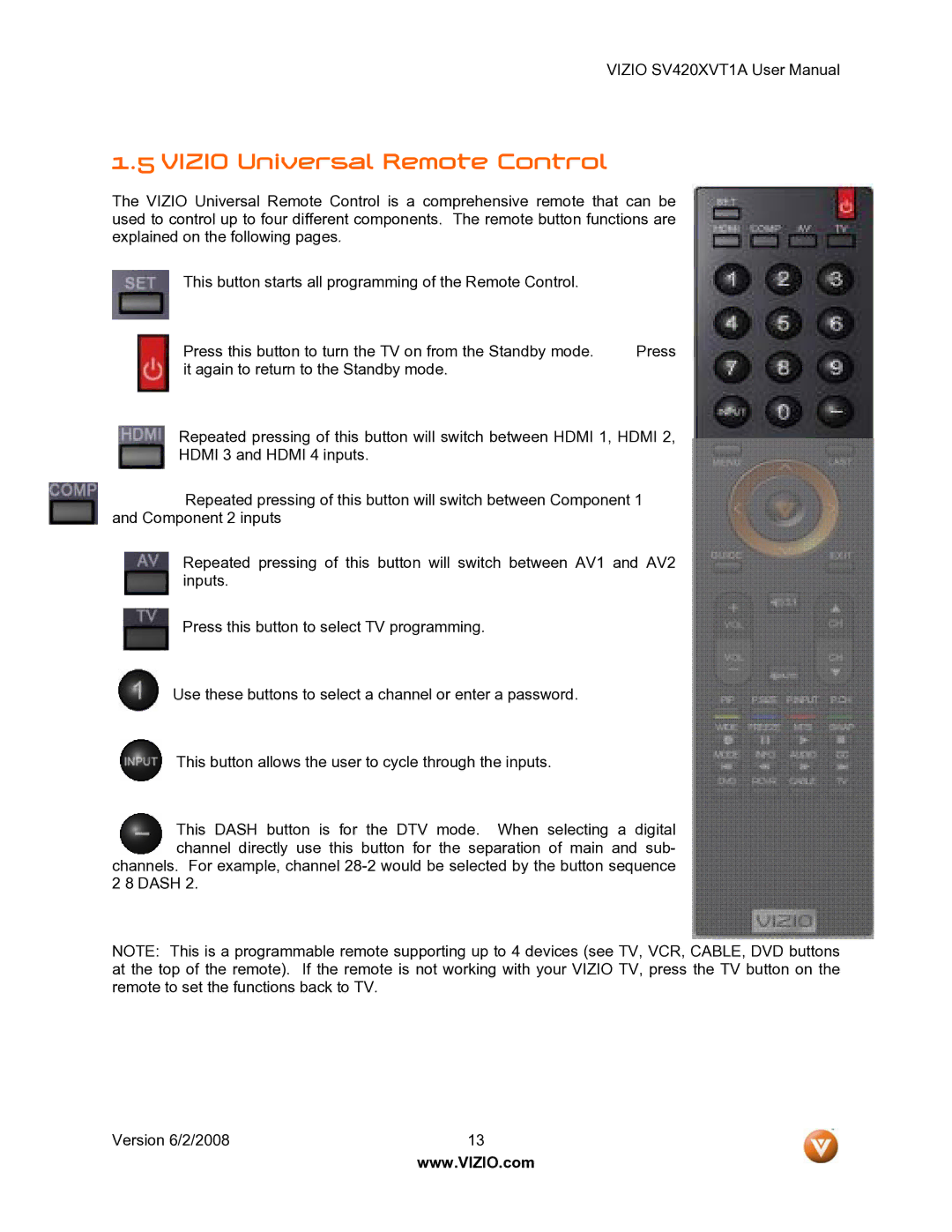 Vizio SV420XVT1A manual Vizio Universal Remote Control 