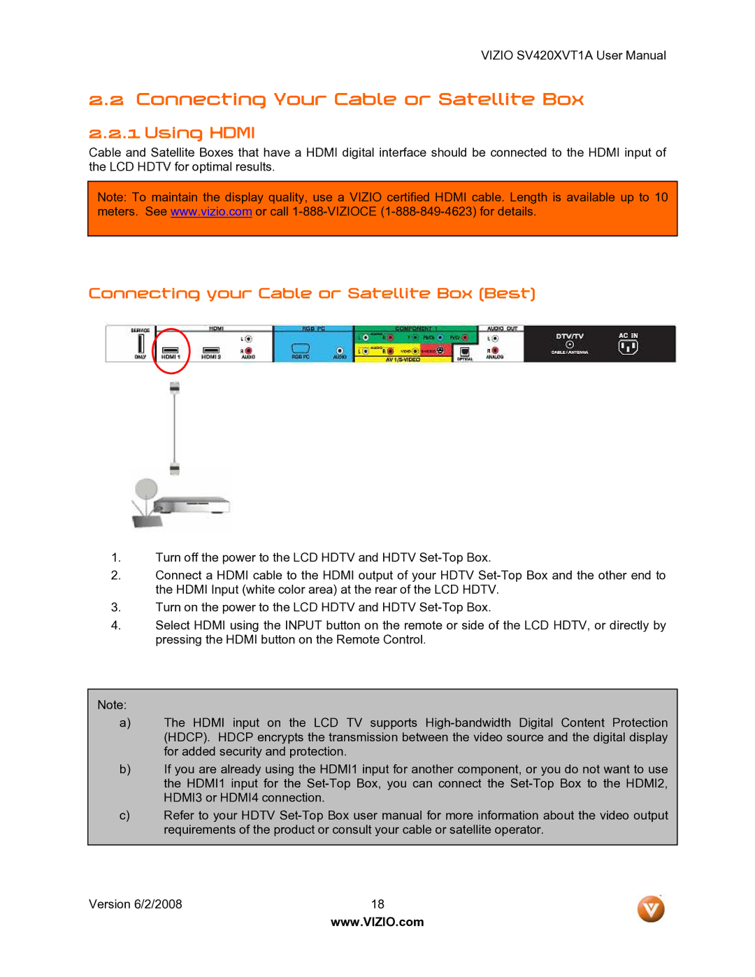 Vizio SV420XVT1A manual Connecting Your Cable or Satellite Box, Using Hdmi, Connecting your Cable or Satellite Box Best 