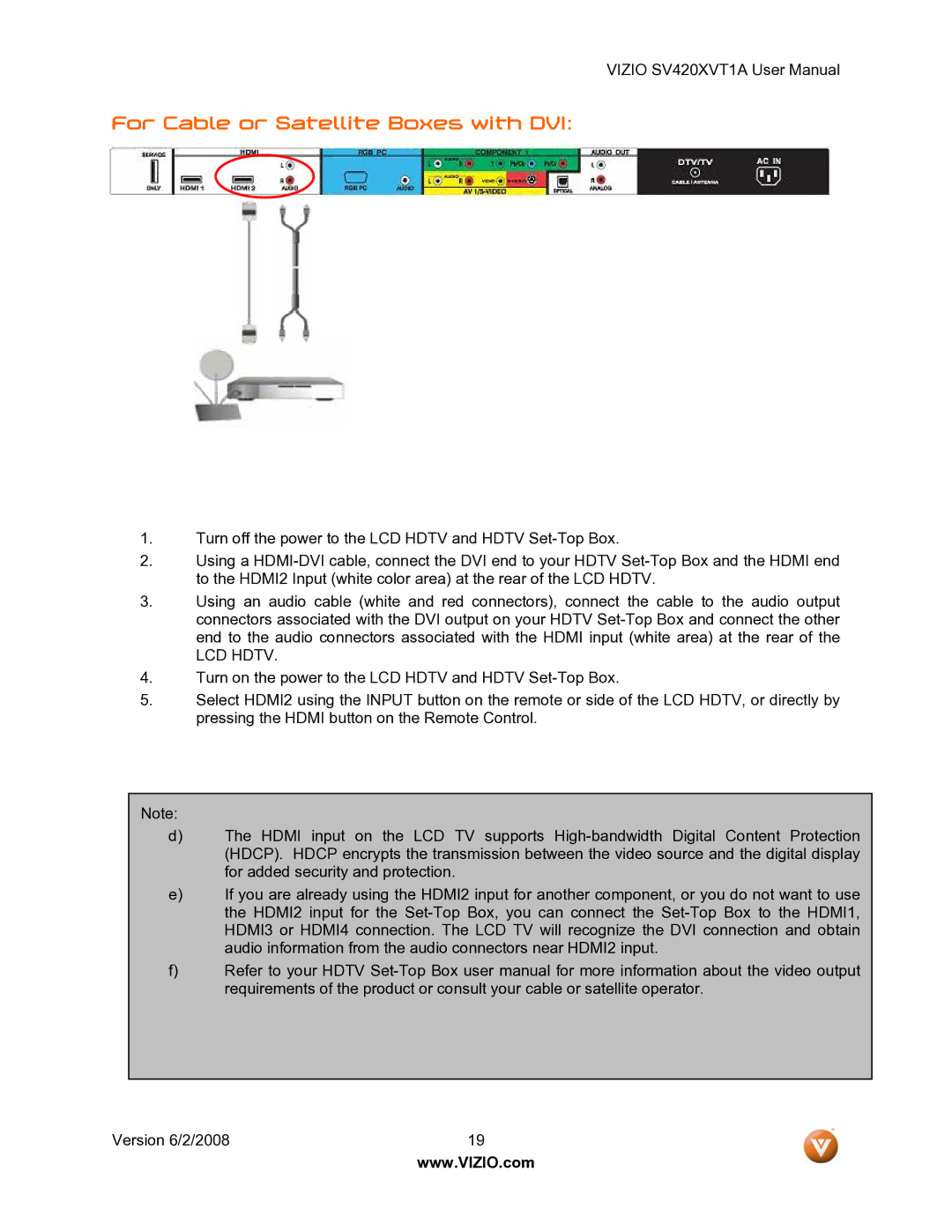 Vizio SV420XVT1A manual For Cable or Satellite Boxes with DVI, LCD Hdtv 