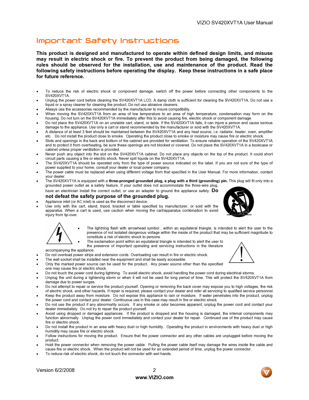 Vizio SV420XVT1A manual Important Safety Instructions, Not defeat the safety purpose of the grounded plug 