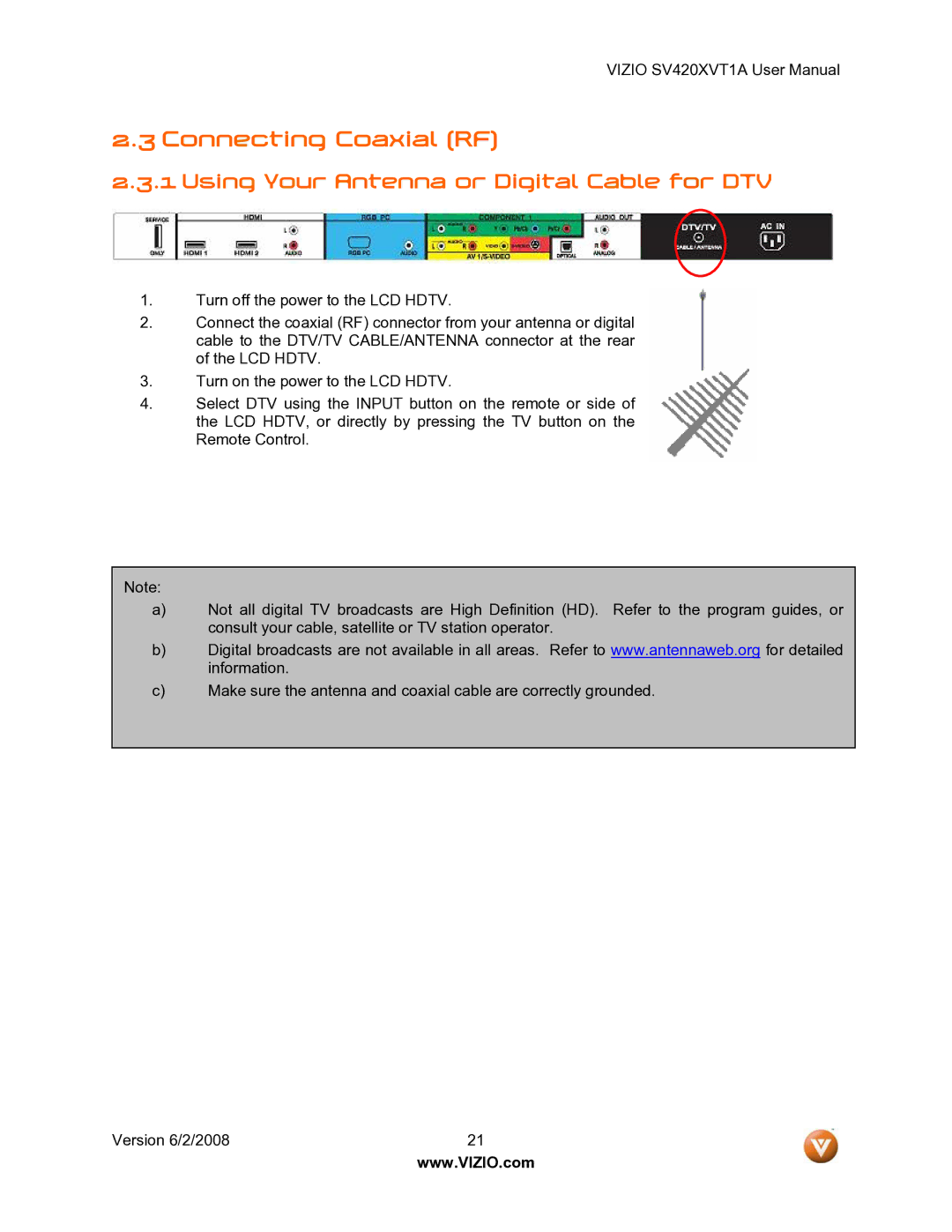 Vizio SV420XVT1A manual Connecting Coaxial RF, Using Your Antenna or Digital Cable for DTV 