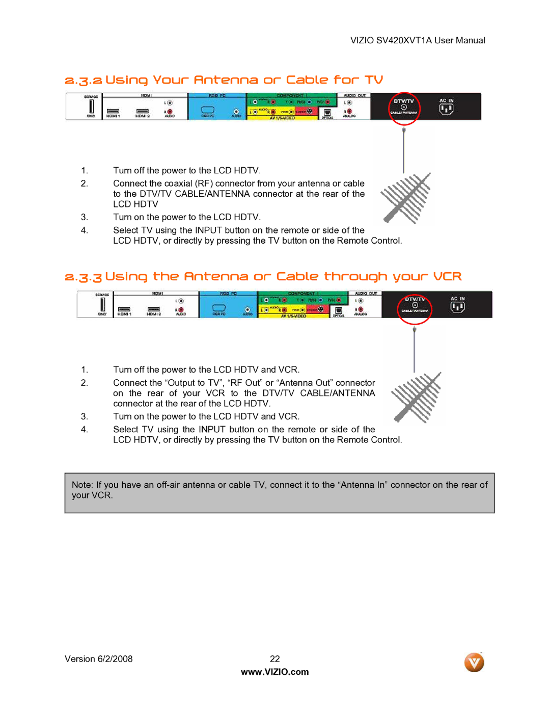 Vizio SV420XVT1A manual Using Your Antenna or Cable for TV, Using the Antenna or Cable through your VCR 