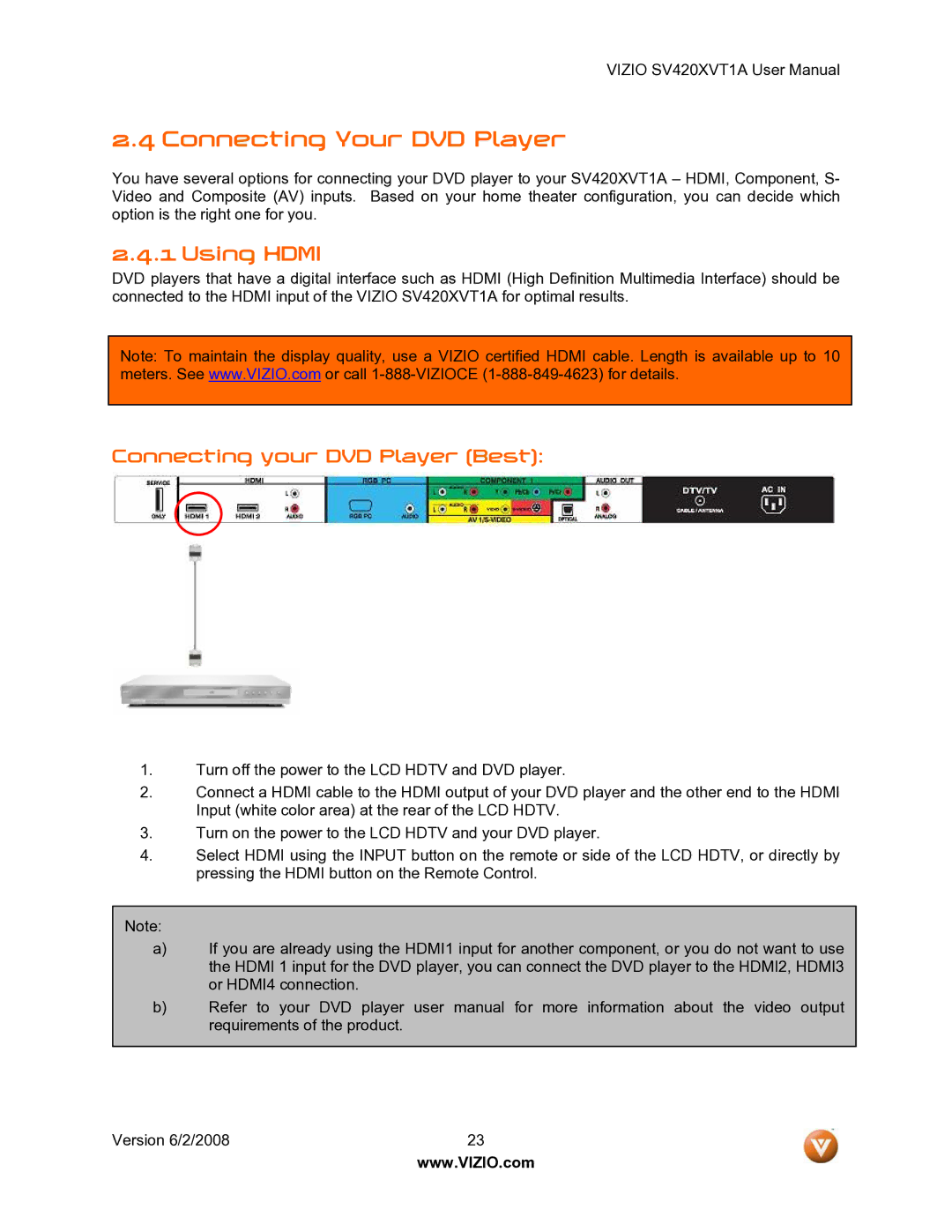 Vizio SV420XVT1A manual Connecting Your DVD Player, Connecting your DVD Player Best 