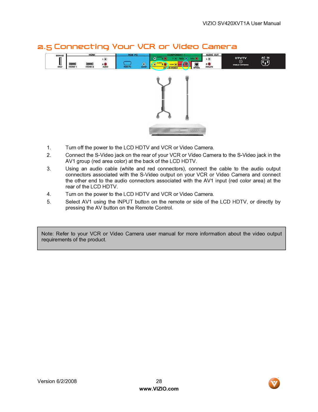 Vizio SV420XVT1A manual Connecting Your VCR or Video Camera 