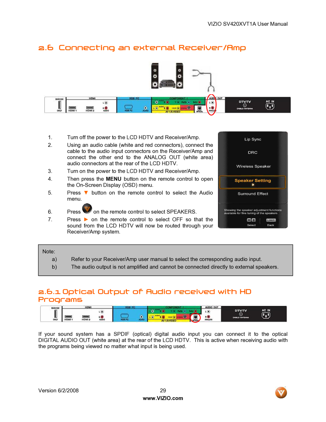 Vizio SV420XVT1A manual Connecting an external Receiver/Amp, Optical Output of Audio received with HD Programs 