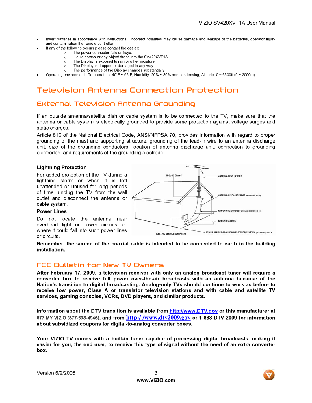 Vizio SV420XVT1A Television Antenna Connection Protection, External Television Antenna Grounding, Lightning Protection 