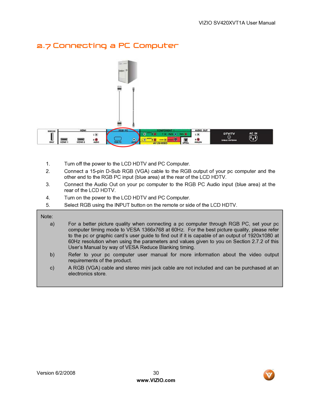 Vizio SV420XVT1A manual Connecting a PC Computer 