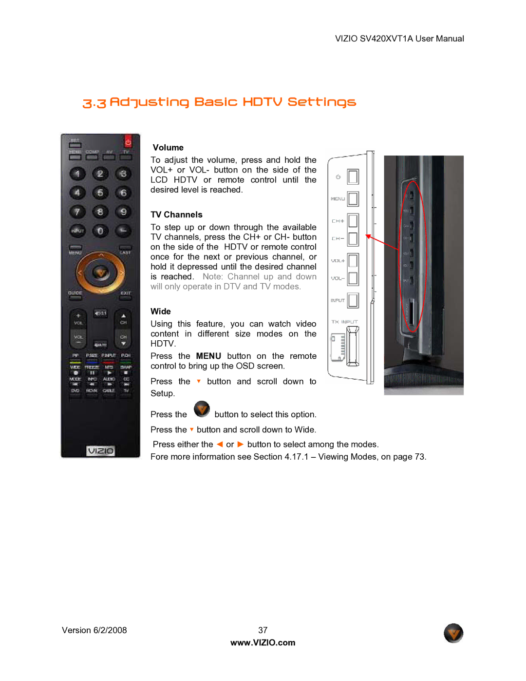 Vizio SV420XVT1A manual Adjusting Basic Hdtv Settings, Volume, TV Channels, Wide 