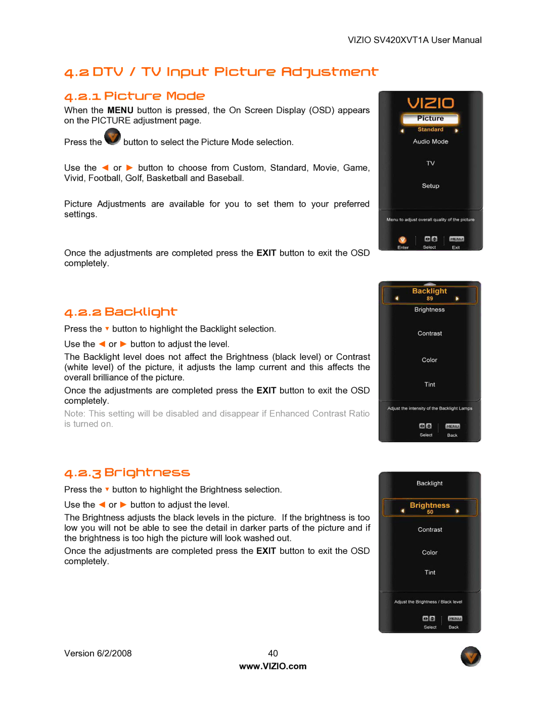 Vizio SV420XVT1A manual DTV / TV Input Picture Adjustment, Picture Mode, Backlight, Brightness 