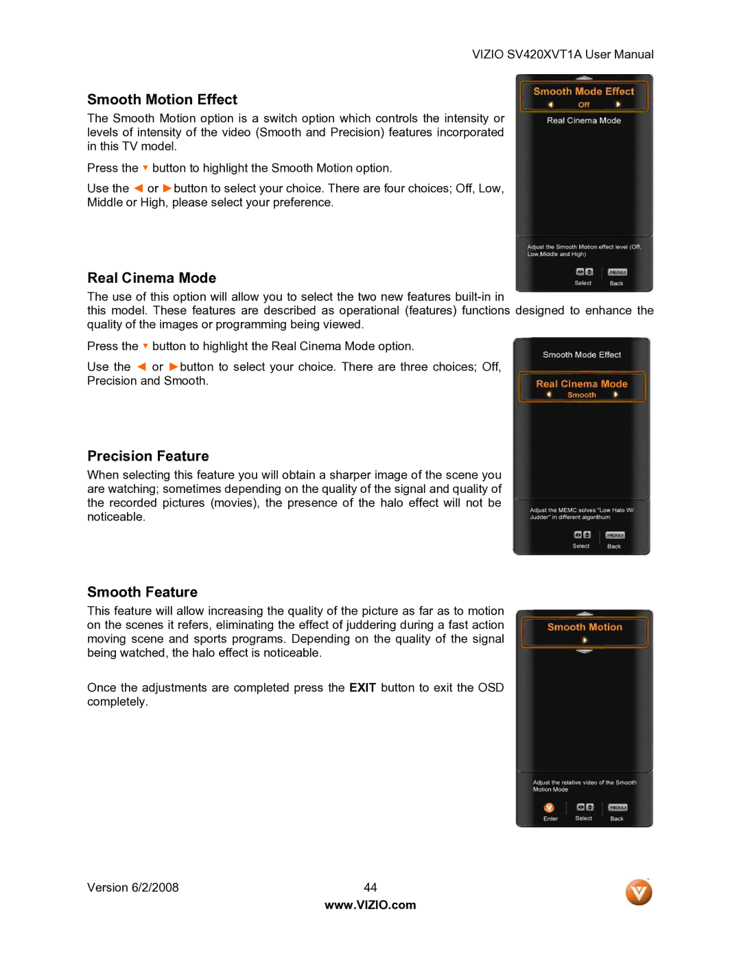 Vizio SV420XVT1A manual Smooth Motion Effect 