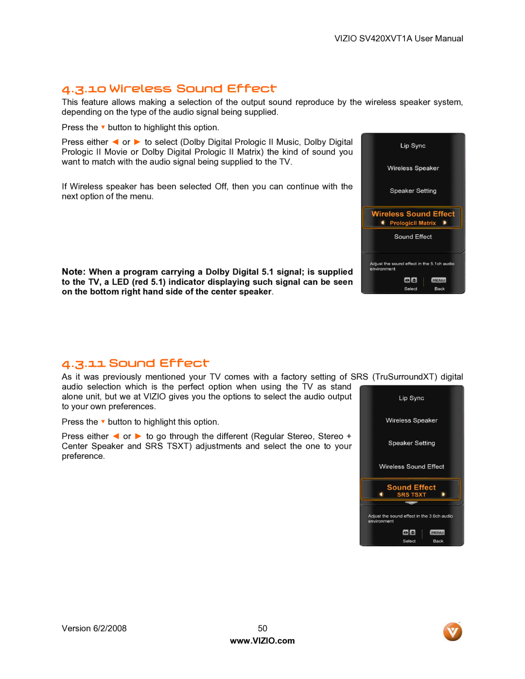 Vizio SV420XVT1A manual Wireless Sound Effect 