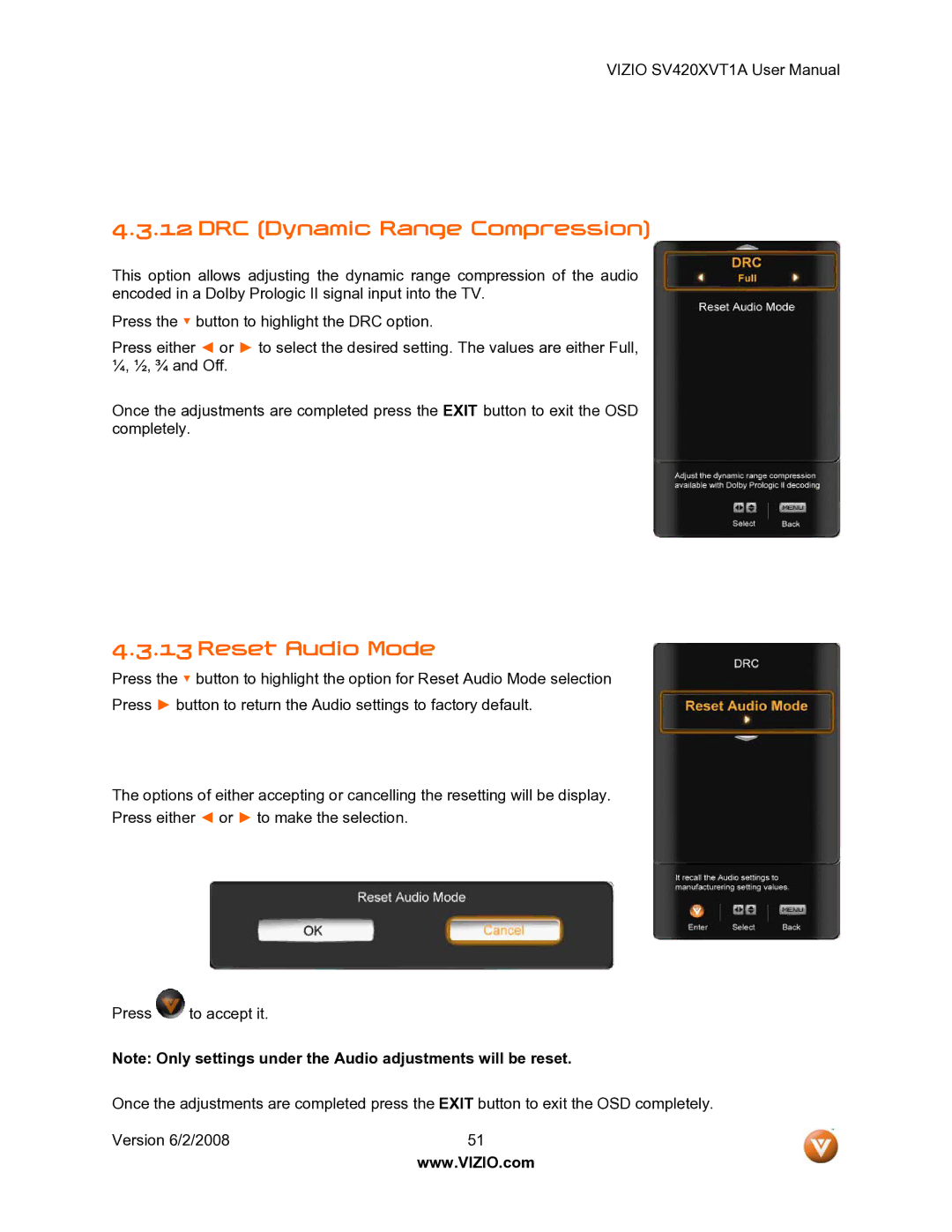 Vizio SV420XVT1A manual DRC Dynamic Range Compression, Reset Audio Mode 