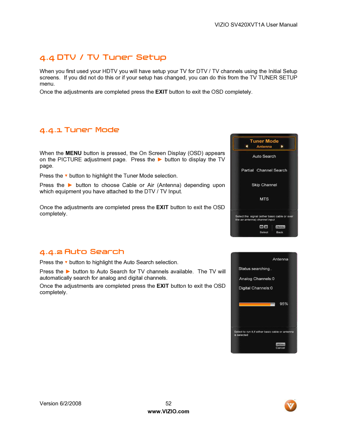 Vizio SV420XVT1A manual DTV / TV Tuner Setup, Tuner Mode, Auto Search 