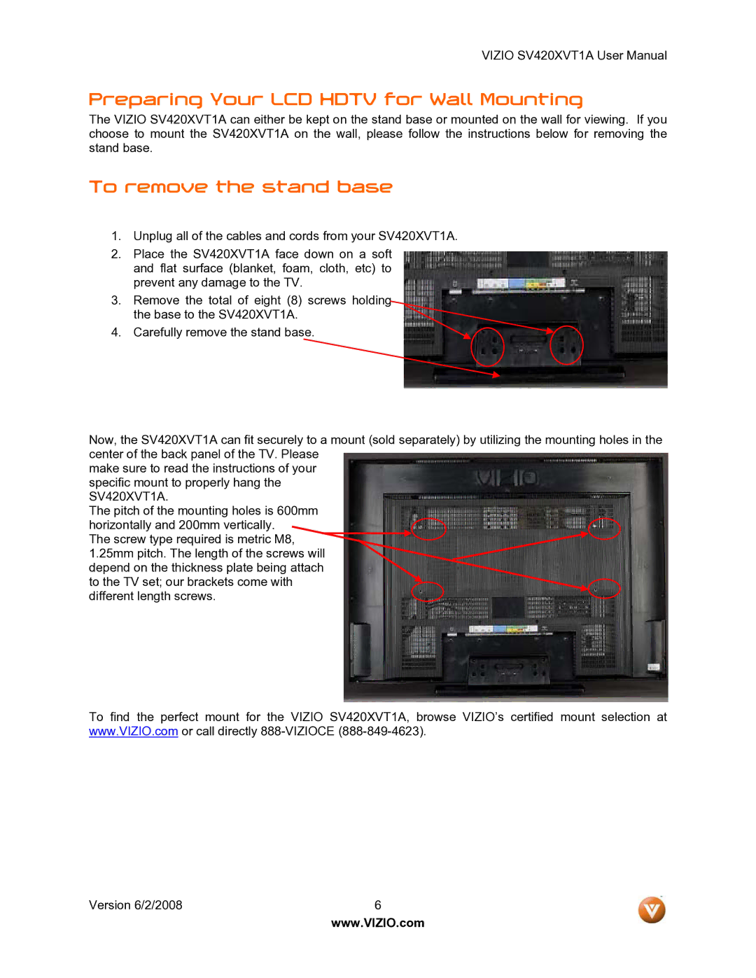 Vizio SV420XVT1A manual Preparing Your LCD Hdtv for Wall Mounting, To remove the stand base 