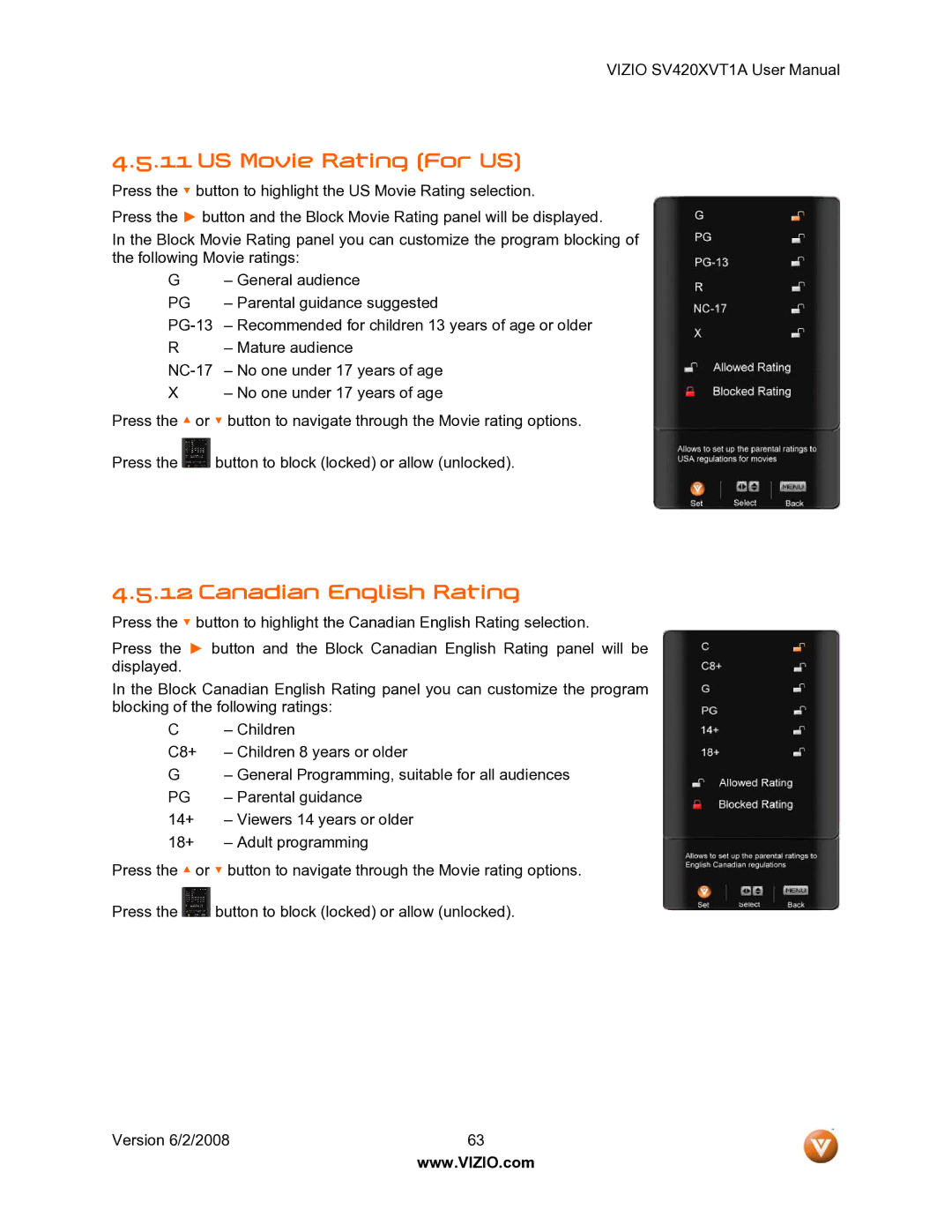 Vizio SV420XVT1A manual US Movie Rating For US, Canadian English Rating 