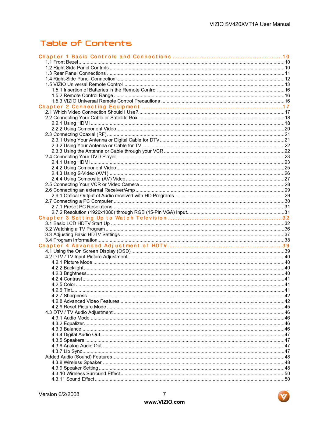 Vizio SV420XVT1A manual Table of Contents 