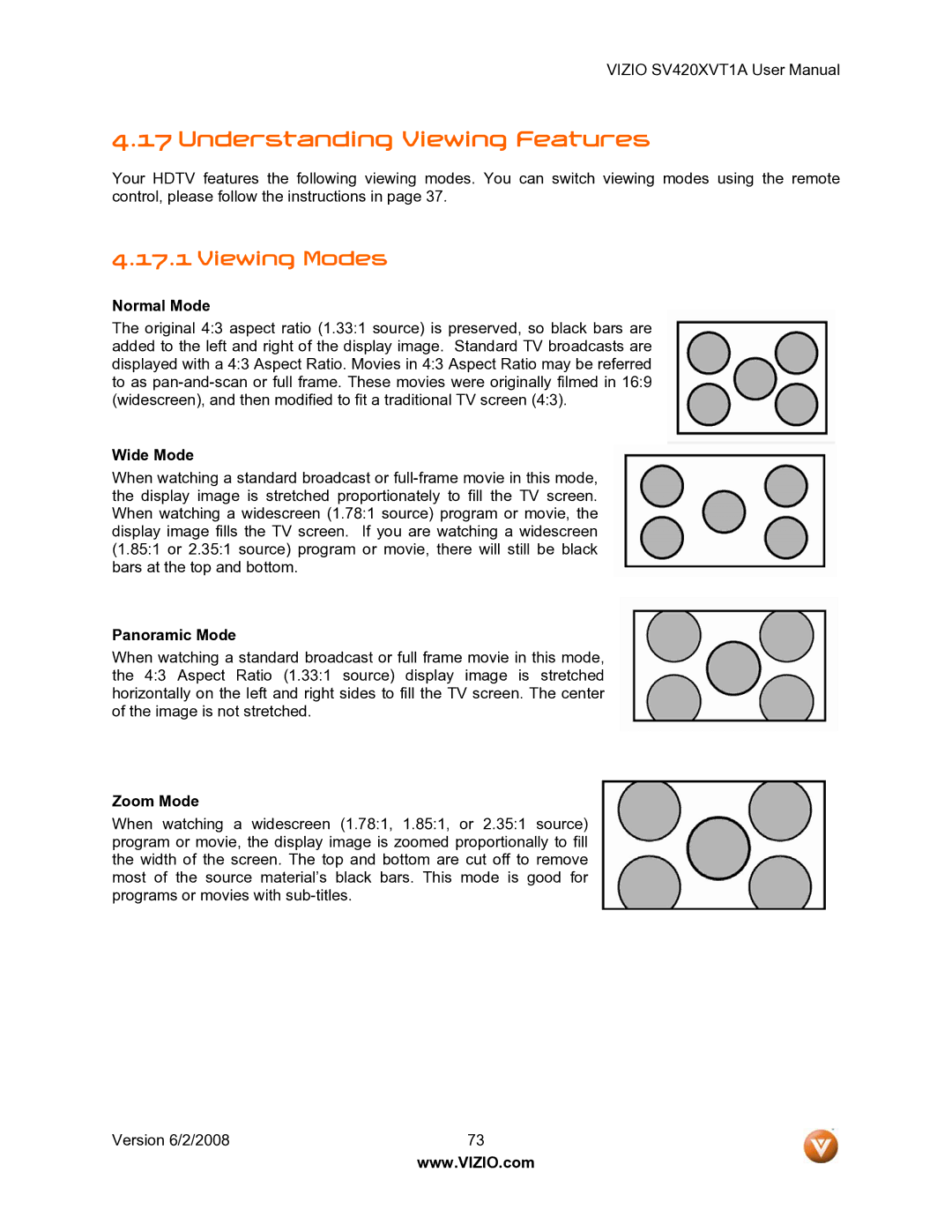 Vizio SV420XVT1A manual Understanding Viewing Features, Viewing Modes 