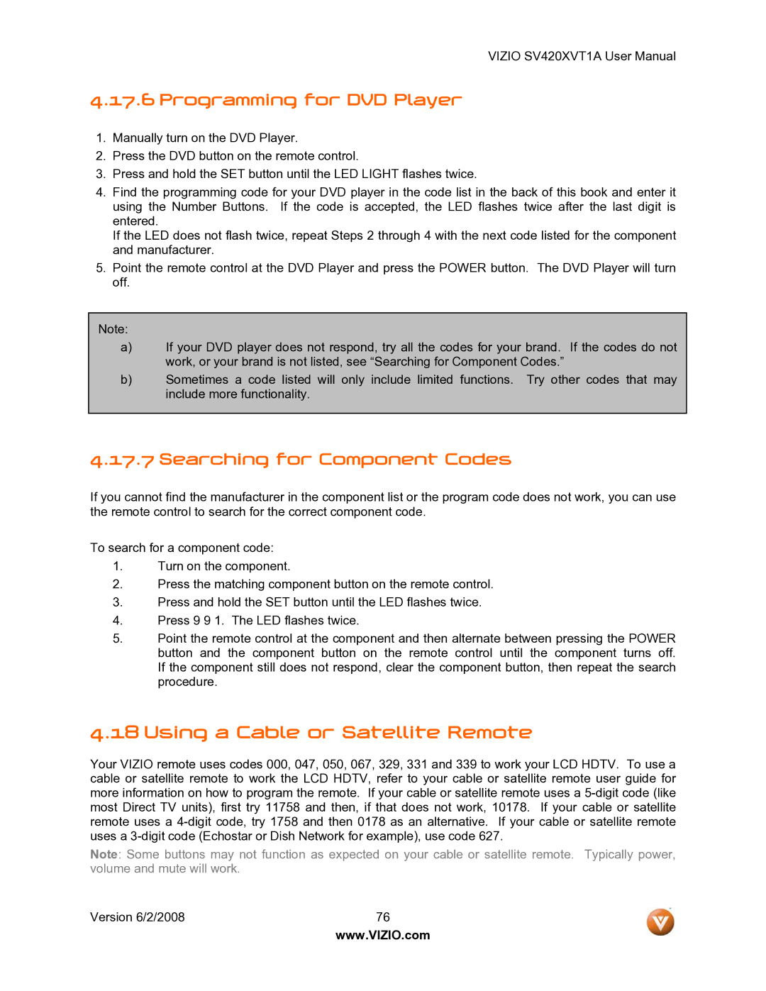 Vizio SV420XVT1A manual Using a Cable or Satellite Remote, Programming for DVD Player, Searching for Component Codes 