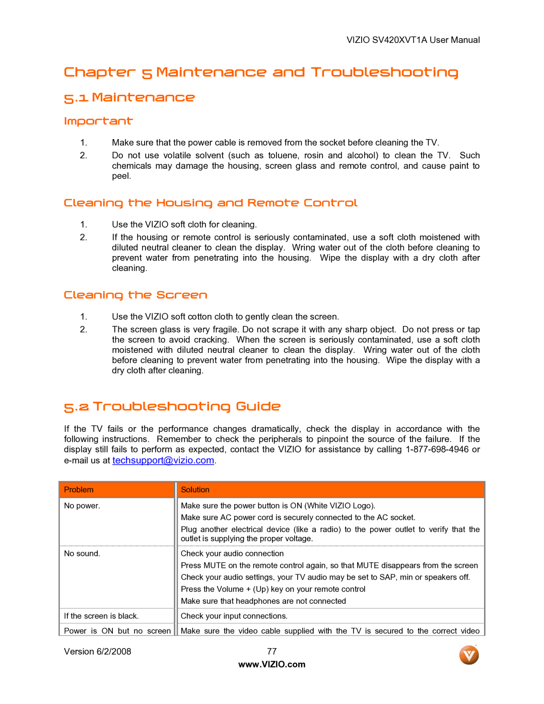 Vizio SV420XVT1A manual Maintenance, Troubleshooting Guide, Cleaning the Housing and Remote Control, Cleaning the Screen 