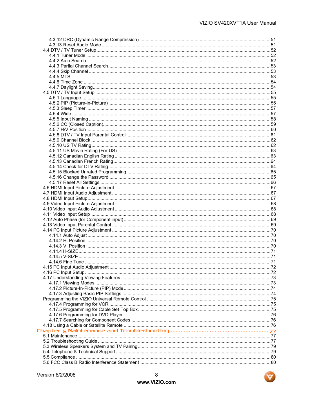 Vizio SV420XVT1A manual Maintenance and Troubleshooting 