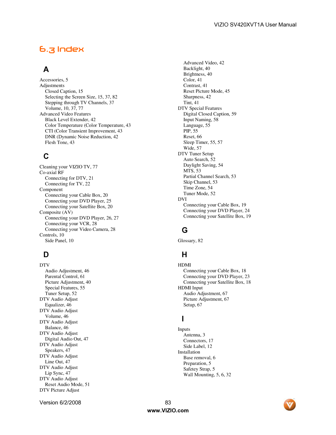 Vizio SV420XVT1A manual Index, Dvi 