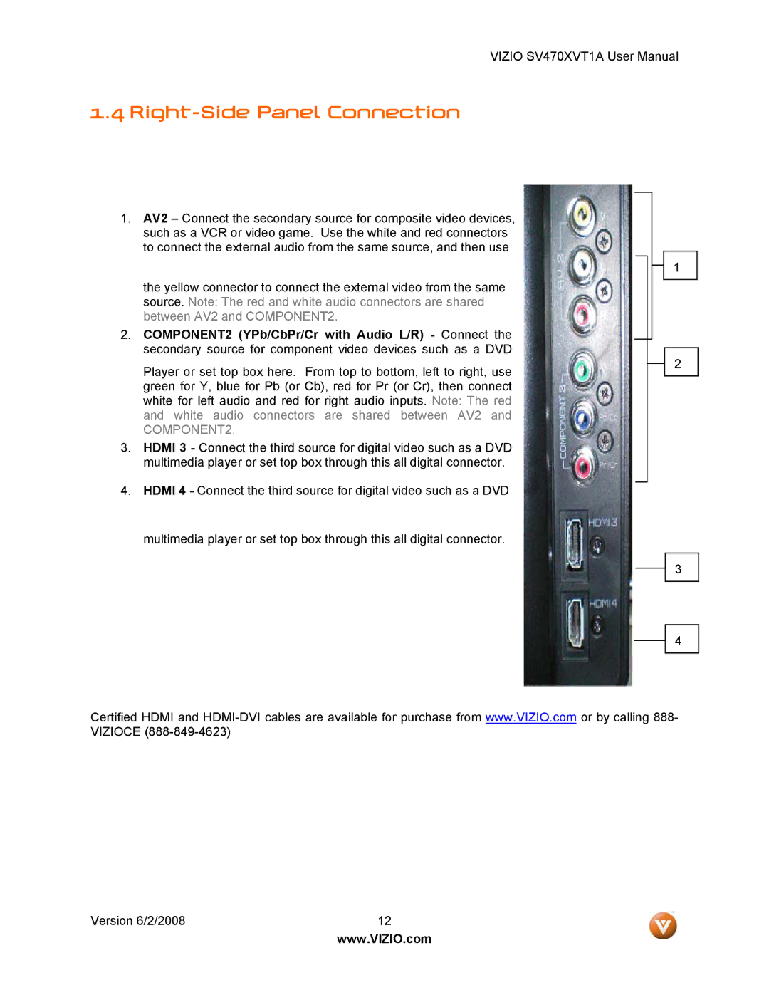 Vizio SV470XVT1A manual Right-Side Panel Connection, COMPONENT2 