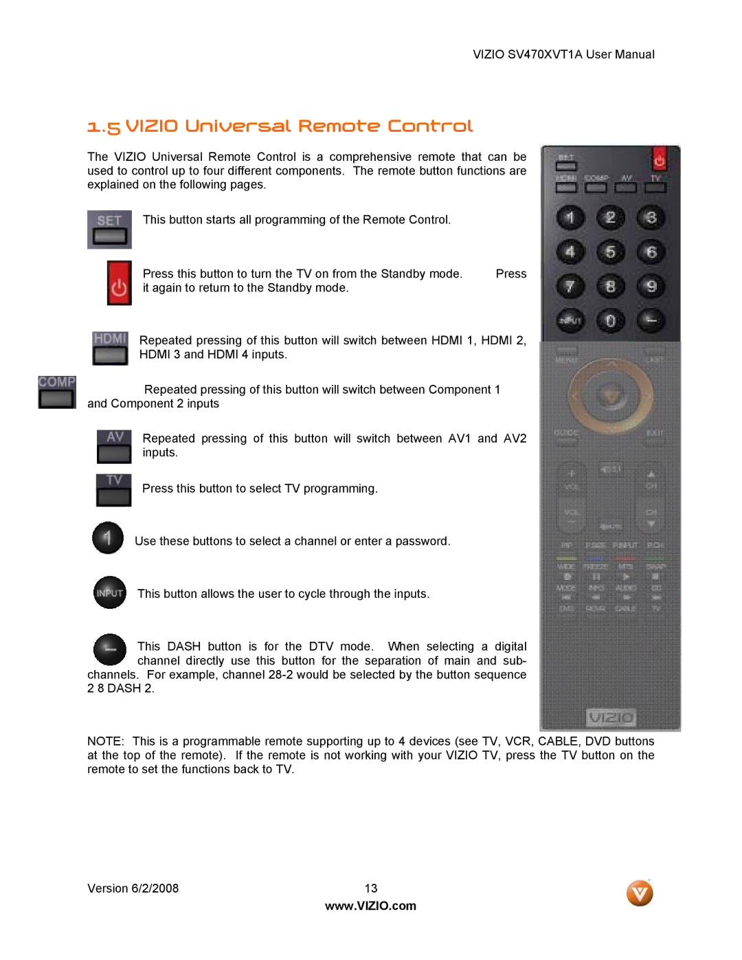 Vizio SV470XVT1A manual Vizio Universal Remote Control 