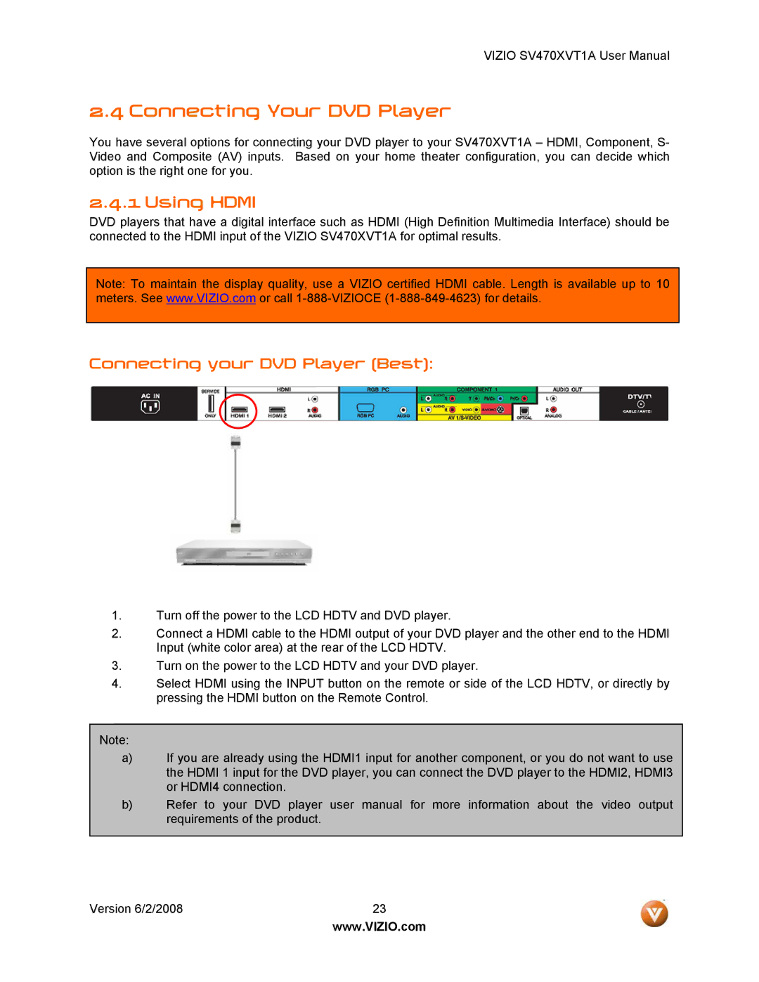 Vizio SV470XVT1A manual Connecting Your DVD Player, Connecting your DVD Player Best 