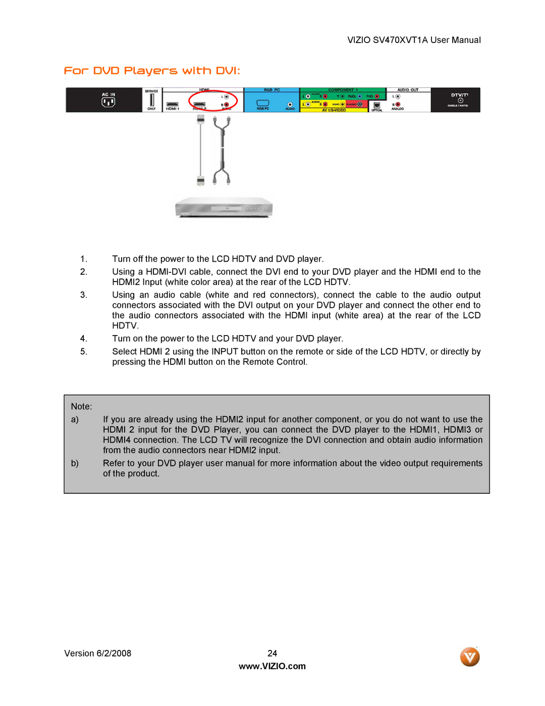 Vizio SV470XVT1A manual For DVD Players with DVI 