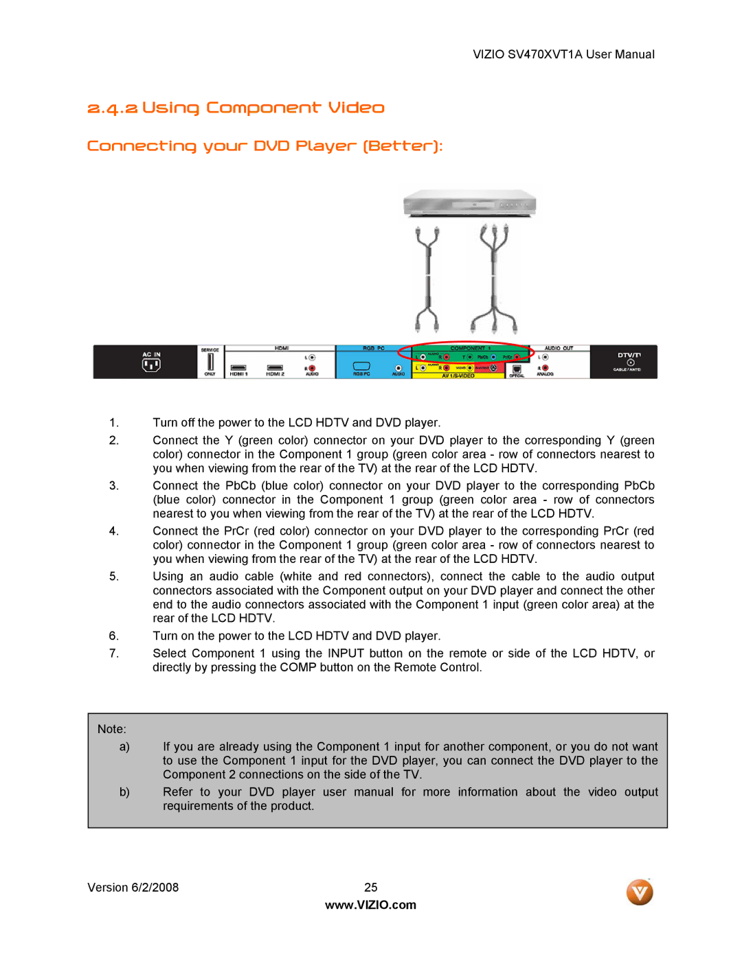 Vizio SV470XVT1A manual Using Component Video, Connecting your DVD Player Better 