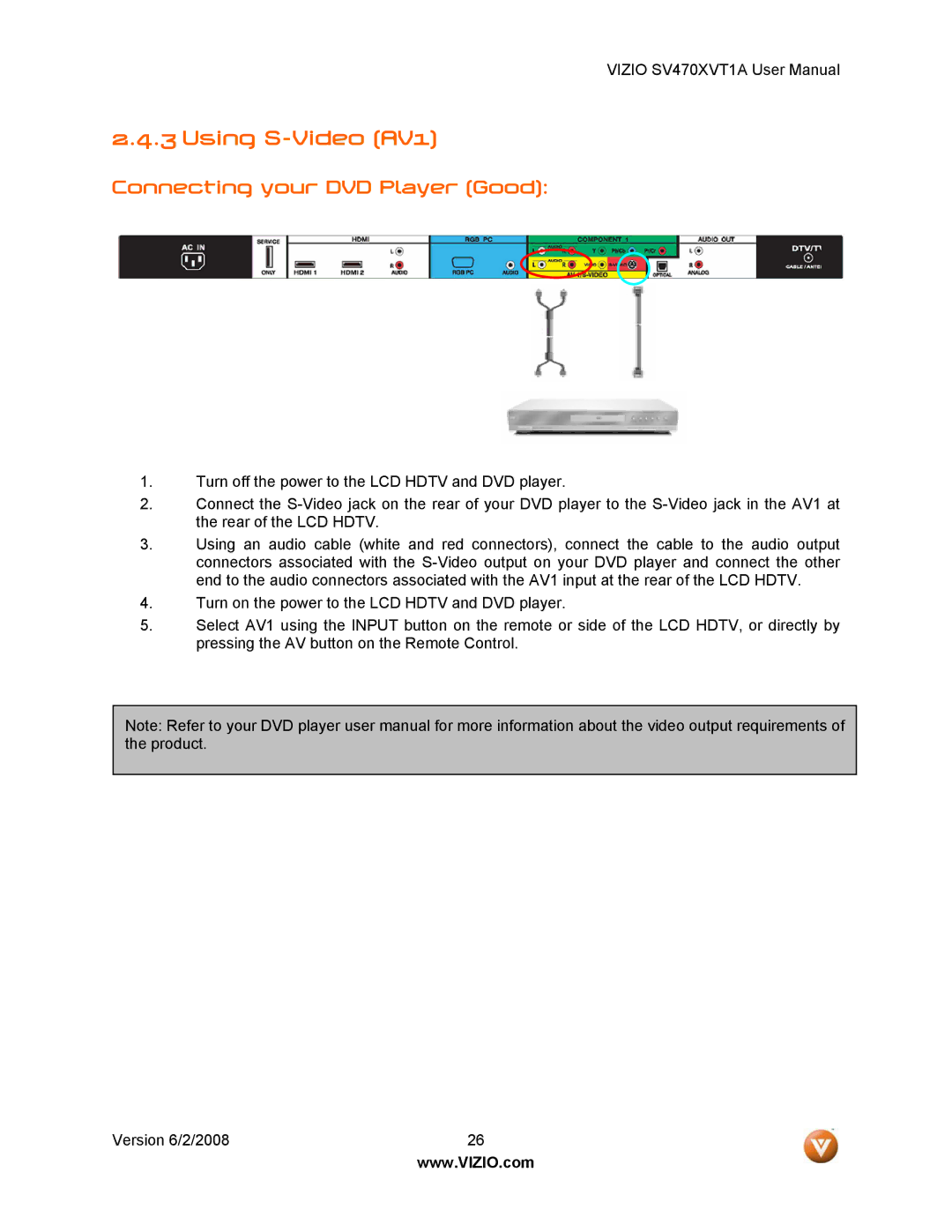 Vizio SV470XVT1A manual Using S-Video AV1, Connecting your DVD Player Good 