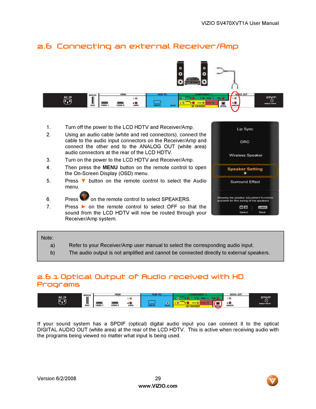 Vizio SV470XVT1A manual Connecting an external Receiver/Amp, Optical Output of Audio received with HD Programs 