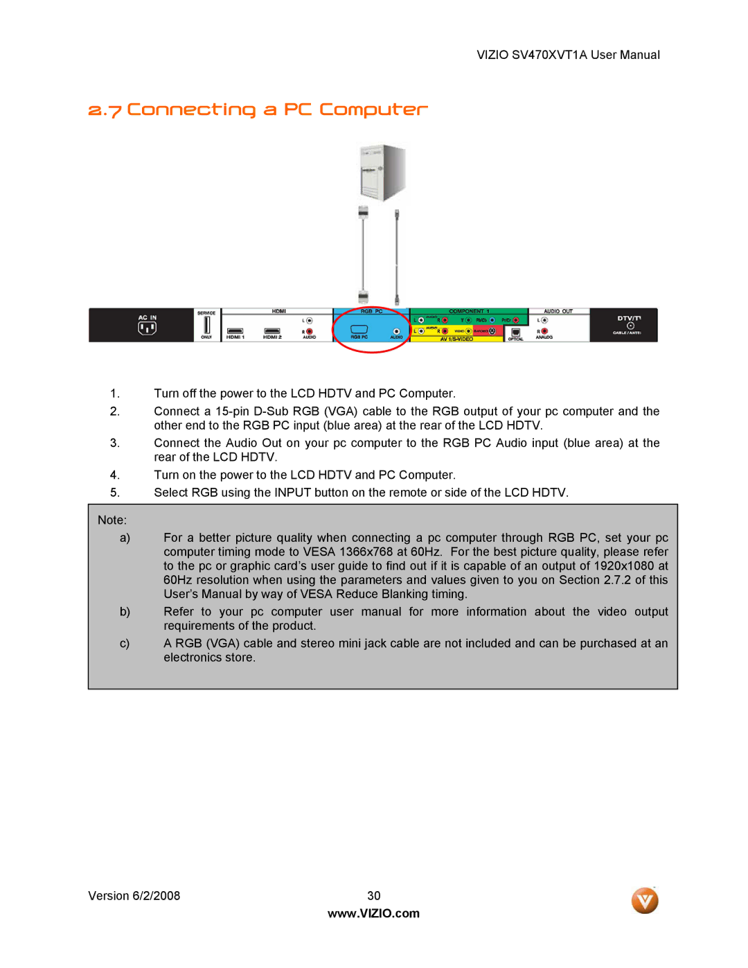 Vizio SV470XVT1A manual Connecting a PC Computer 