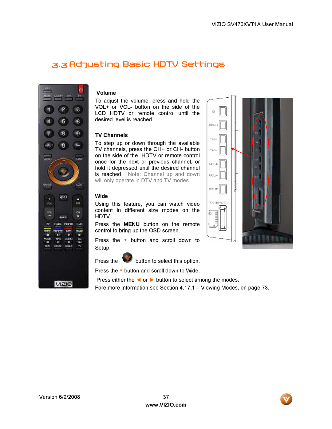 Vizio SV470XVT1A manual Adjusting Basic Hdtv Settings, Volume, TV Channels, Wide 