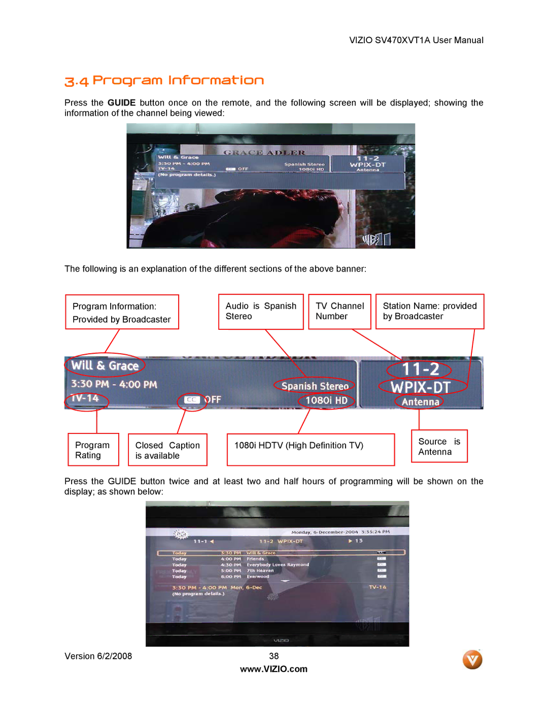 Vizio SV470XVT1A manual Program Information 