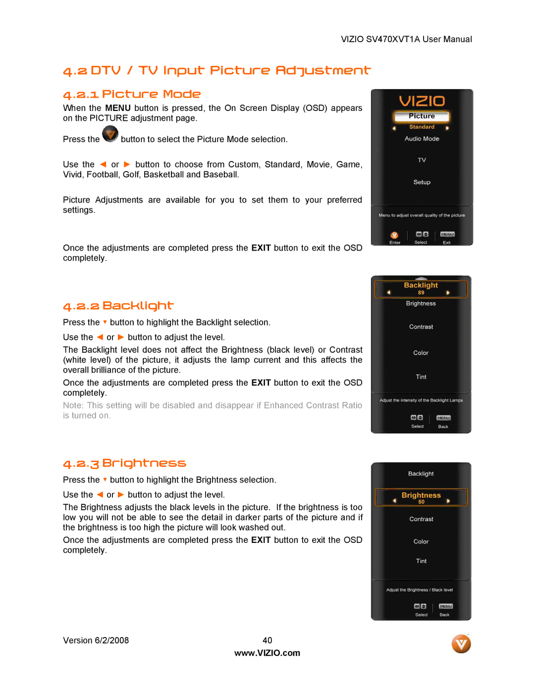 Vizio SV470XVT1A manual DTV / TV Input Picture Adjustment, Picture Mode, Backlight, Brightness 
