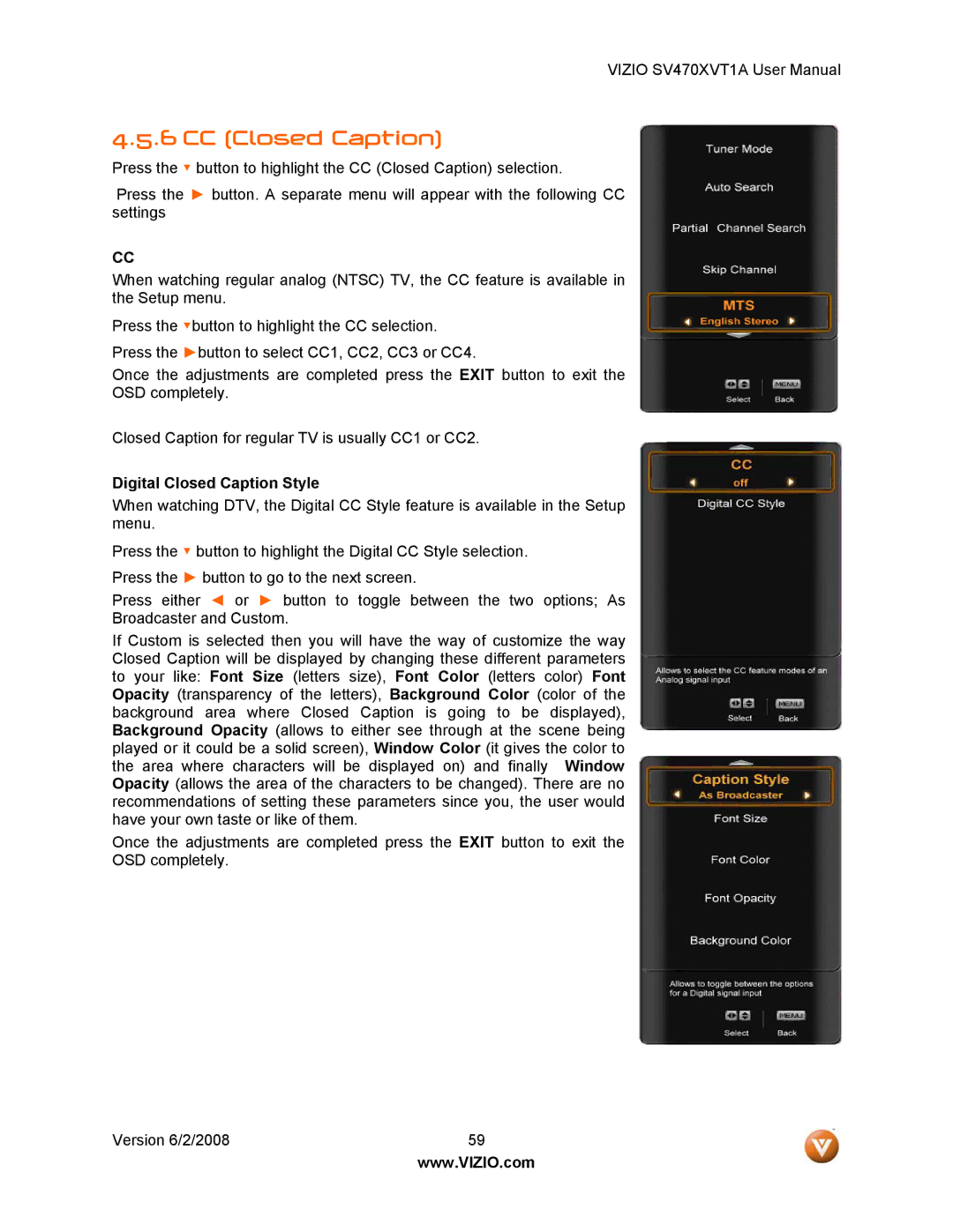 Vizio SV470XVT1A manual CC Closed Caption, Digital Closed Caption Style 