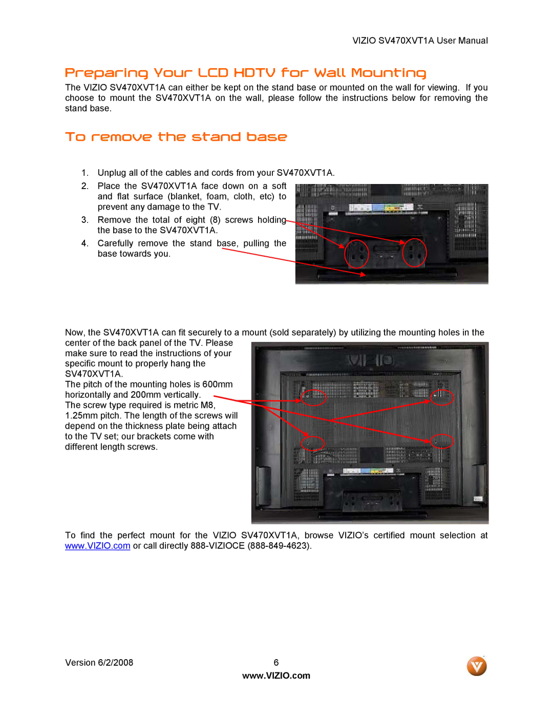 Vizio SV470XVT1A manual Preparing Your LCD Hdtv for Wall Mounting, To remove the stand base 