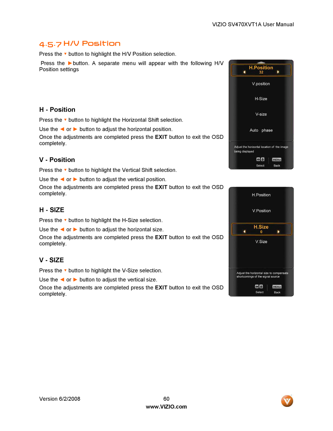 Vizio SV470XVT1A manual 7 H/V Position 