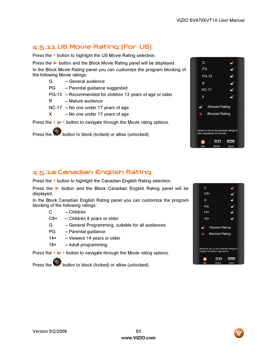 Vizio SV470XVT1A manual US Movie Rating For US, Canadian English Rating 