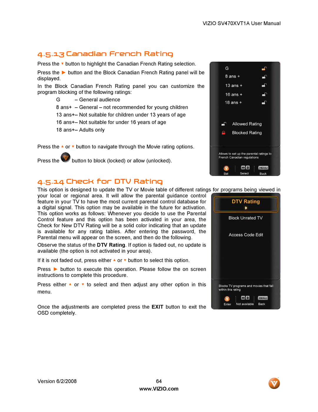 Vizio SV470XVT1A manual Canadian French Rating, Check for DTV Rating 