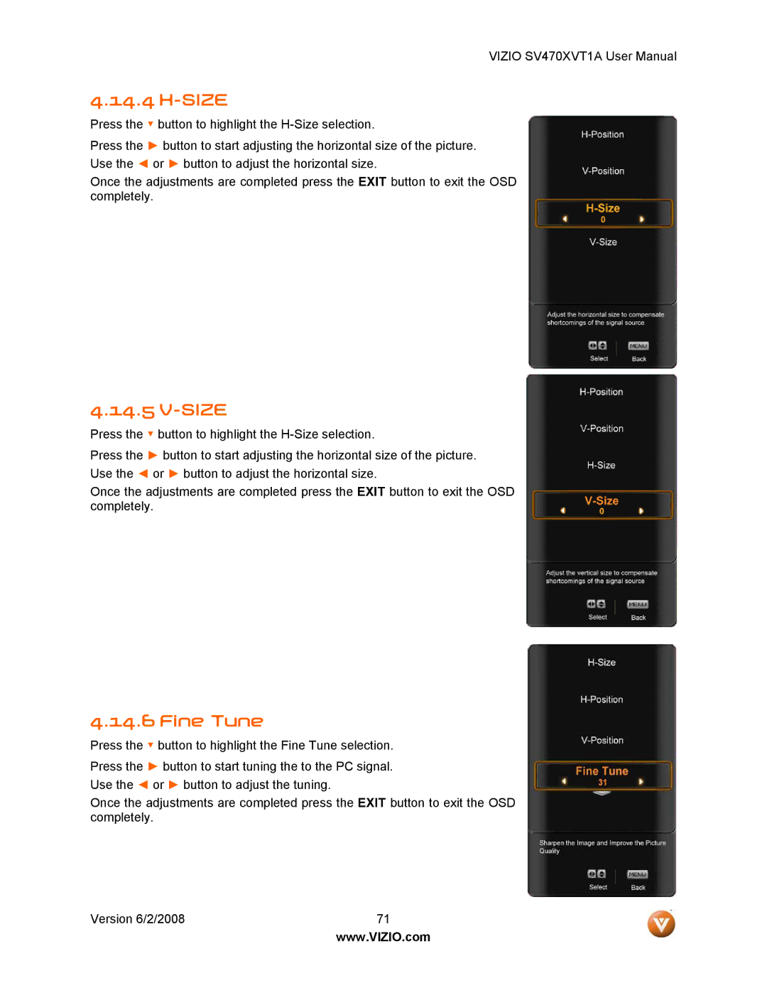 Vizio SV470XVT1A manual Size, Fine Tune 