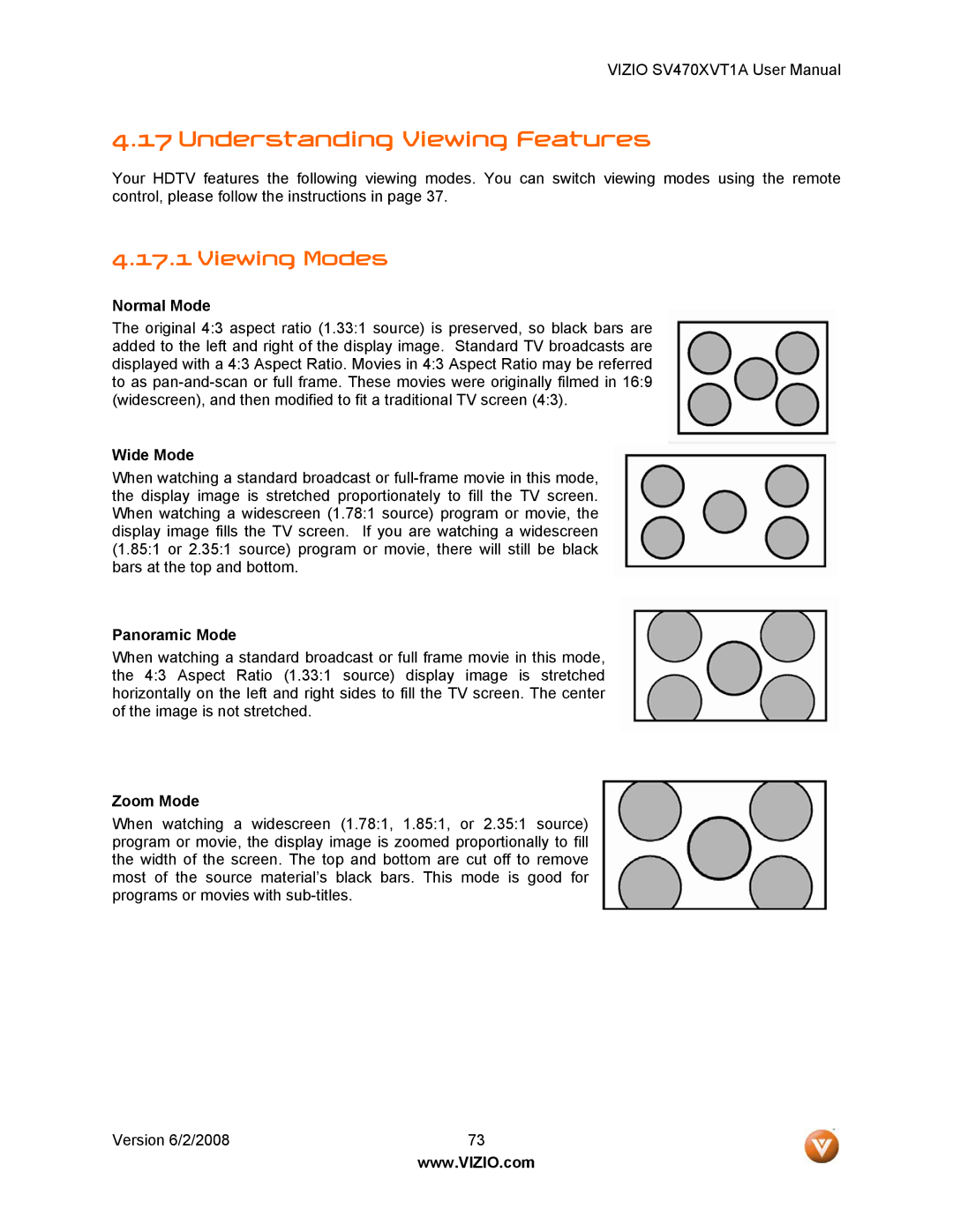 Vizio SV470XVT1A manual Understanding Viewing Features, Viewing Modes 