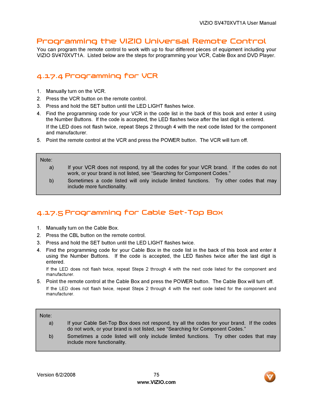 Vizio SV470XVT1A Programming the Vizio Universal Remote Control, Programming for VCR, Programming for Cable Set-Top Box 