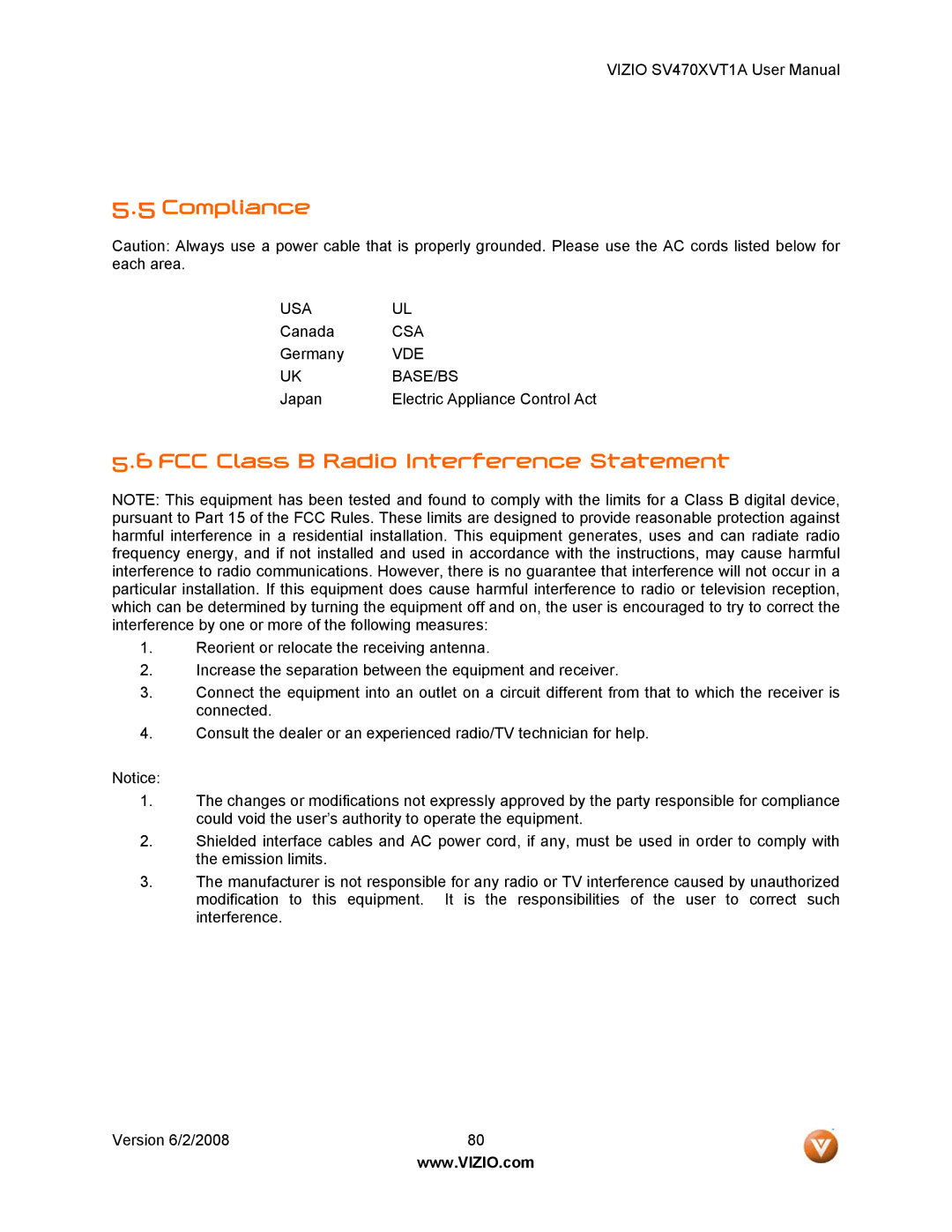 Vizio SV470XVT1A manual Compliance, FCC Class B Radio Interference Statement 