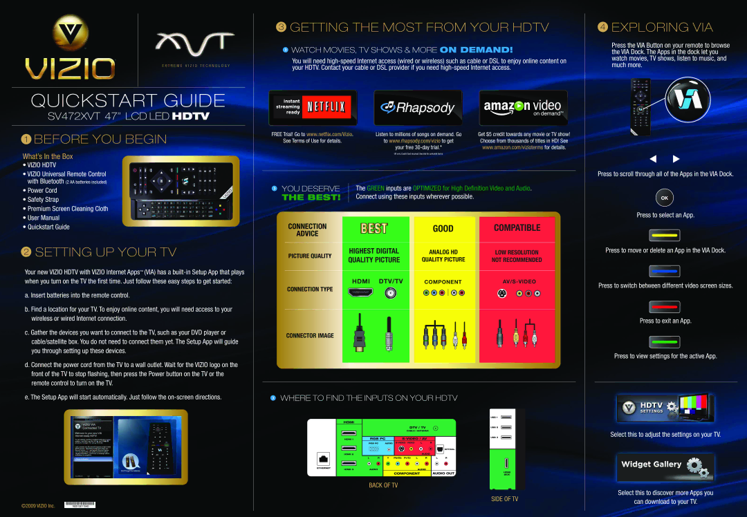 Vizio sv472xvt manual Before YOU Begin, Setting UP Your TV, Getting the Most from Your Hdtv, Exploring VIA 