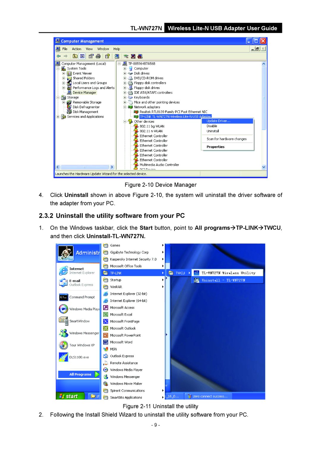 Vizio TL-WN727N manual Uninstall the utility software from your PC 