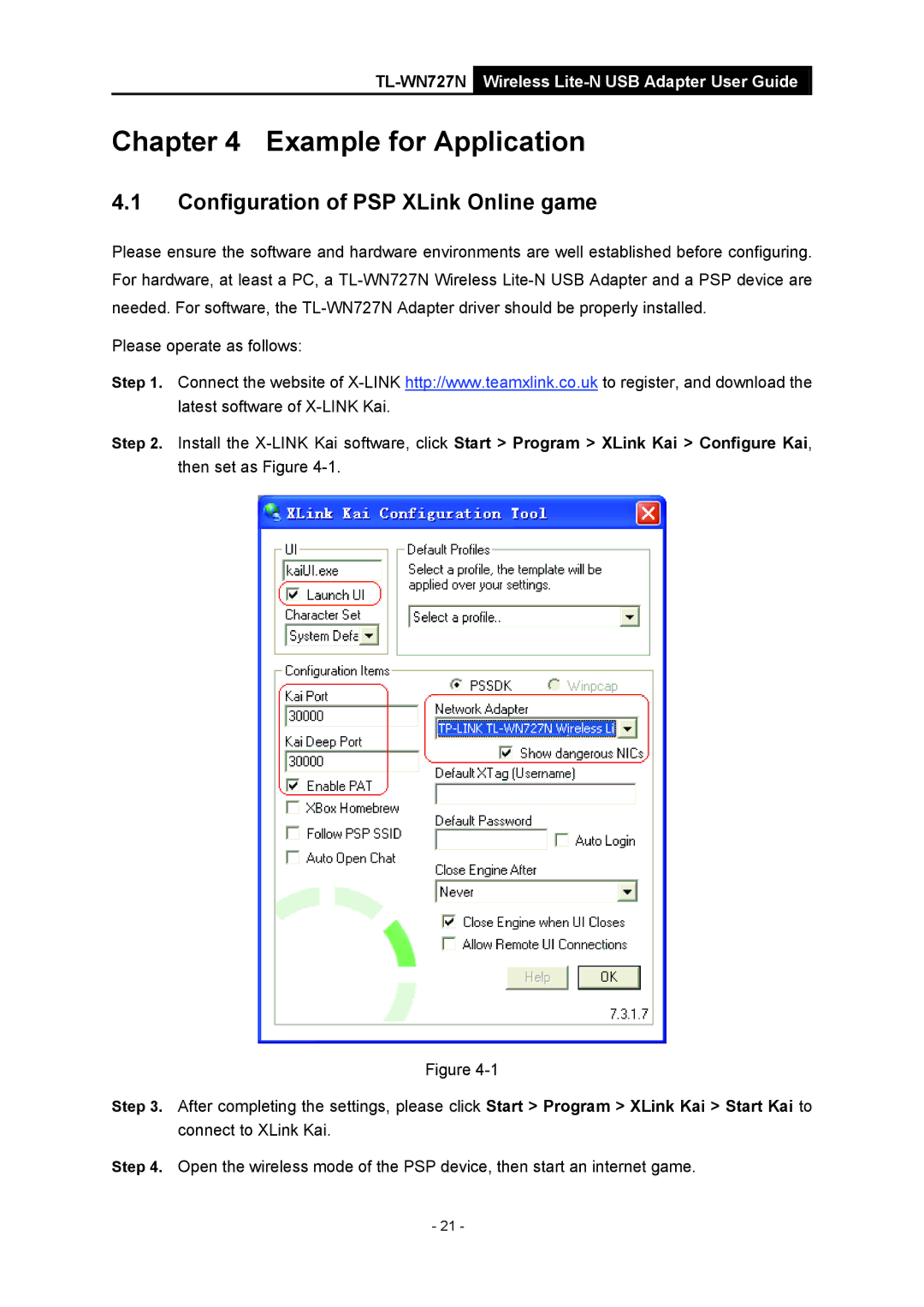 Vizio TL-WN727N manual Example for Application, Configuration of PSP XLink Online game 