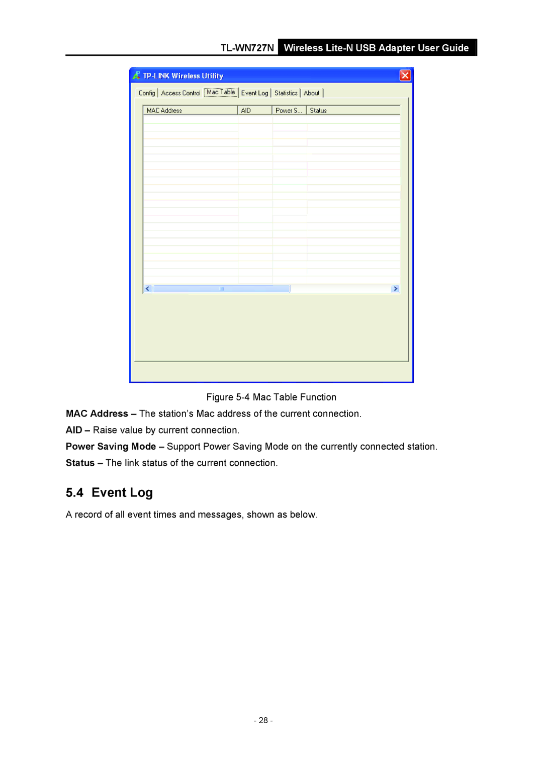 Vizio TL-WN727N manual Event Log 